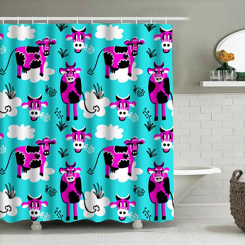 Animal Print Shower Curtain Blue Cow Pattern Home Decor Bathroom Decoration Waterproof Fabric Flower Clouds Cartoon Kids Bathroo