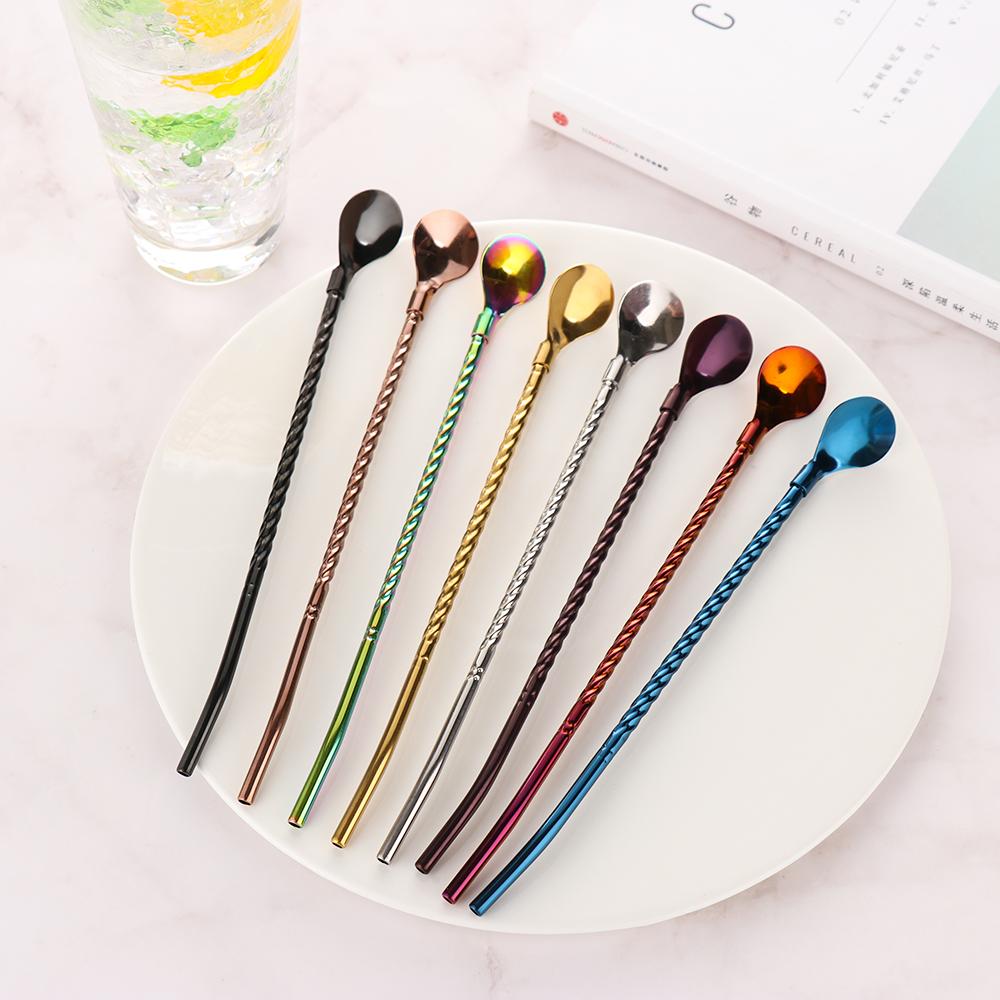 New Metal Bent Filter Reusable Stainless Steel Coffee Spoons Drinking Straw Straws Spoon