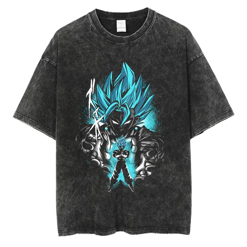 Men Fashion Tshirt Washed Black Vintage Japanese Anime Dragon Ball TShirt Hip Hop Streetwear Summer Cotton T Shirt Unisex