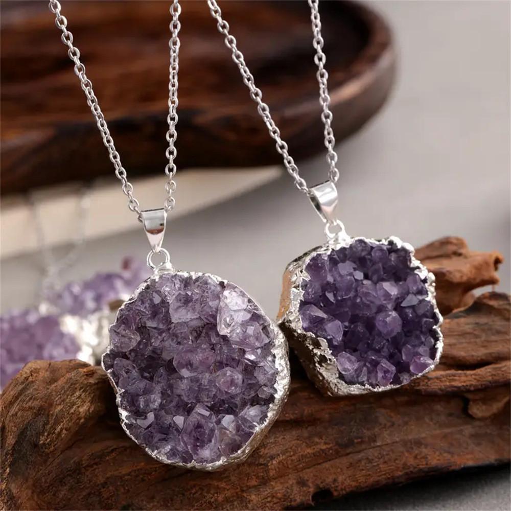 Natural Amethyst Necklace With Silver Plated Edges For Boho Style Jewelry Gift