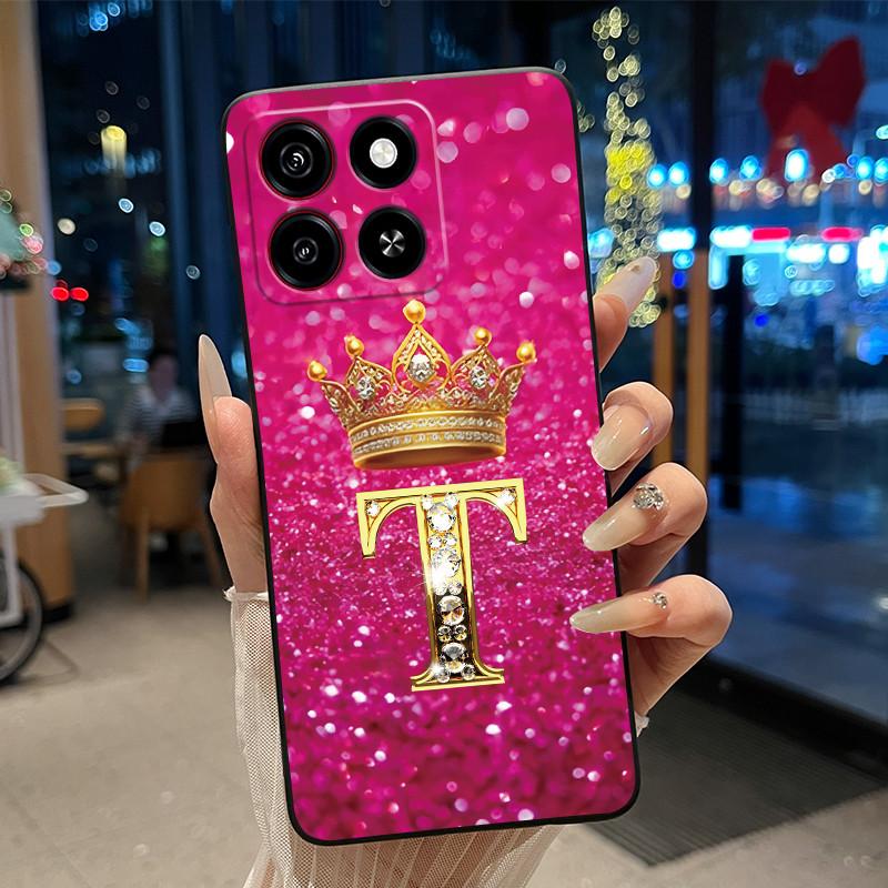 Cool Lucky A-Z Letter Phone Case For ZTE Blade A35/A55 Soft Silicone Black Case Shockproof Luxurious Glitter Crown Shell