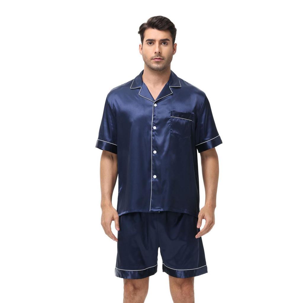 Yousheng 2 Buc/Set Set Pijama Bărbați Rever Mânecă Scurtă Topuri cu Nasturi Scurți cu Talie Elastică Set Culoare Solidă Satin Articole de Dormit