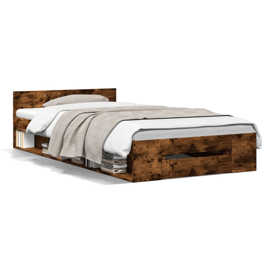 Bed Frame with Drawer Smoked Oak 75 X 190 Cm Wood Based Material