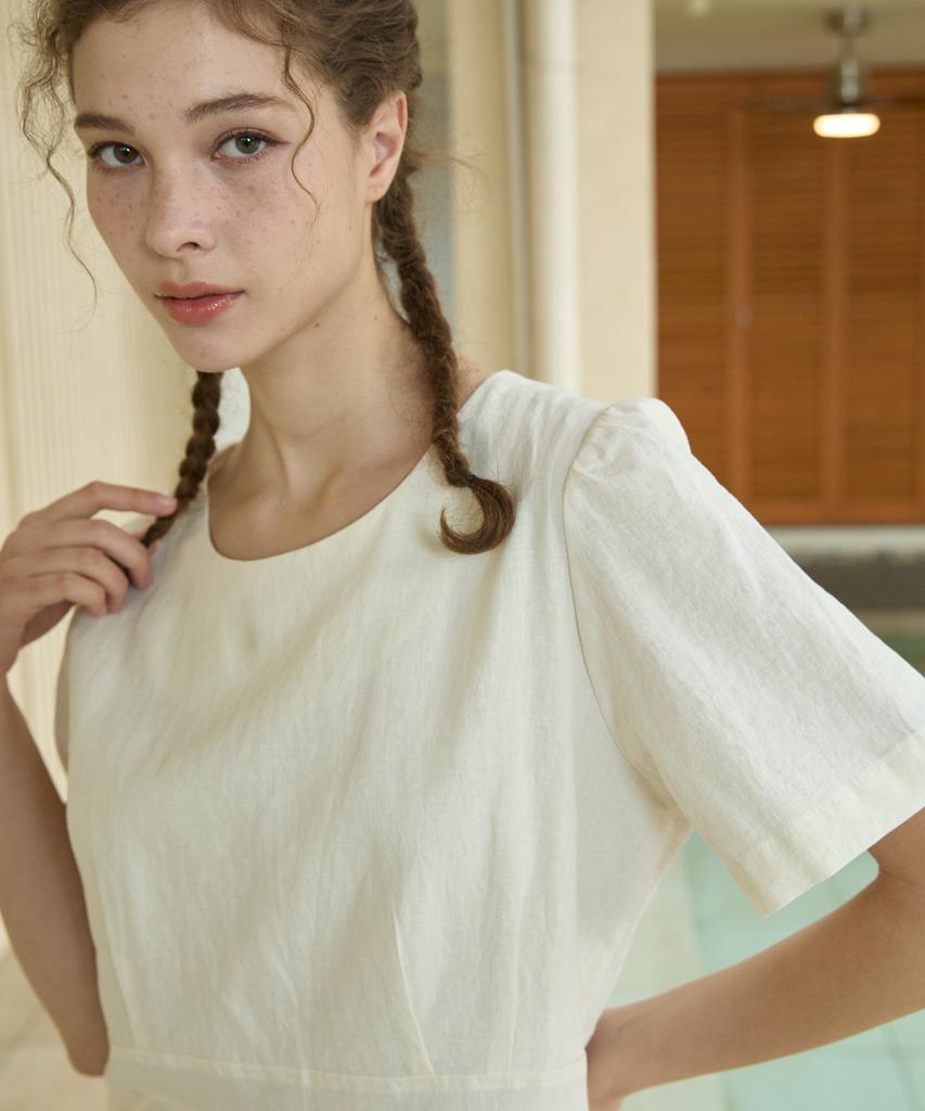 Wioi Linen Shirring Dress_Beige