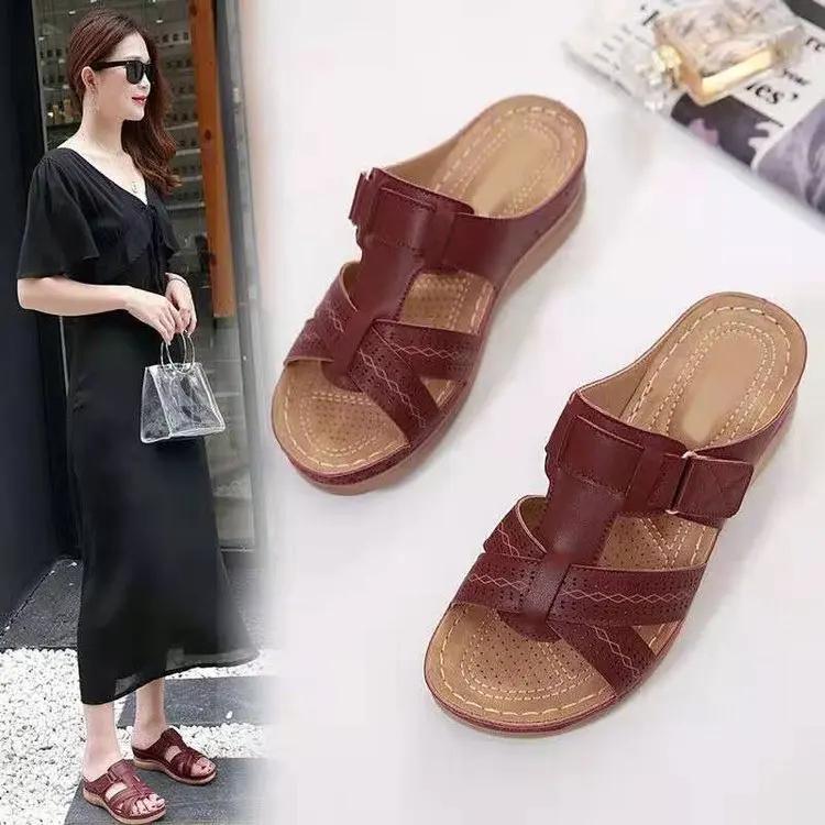 Seller High Quality Platform Hollow Slippers Women's Casual Slip-on Wedge Striped Slippers with Sewing Thread Women Shoes