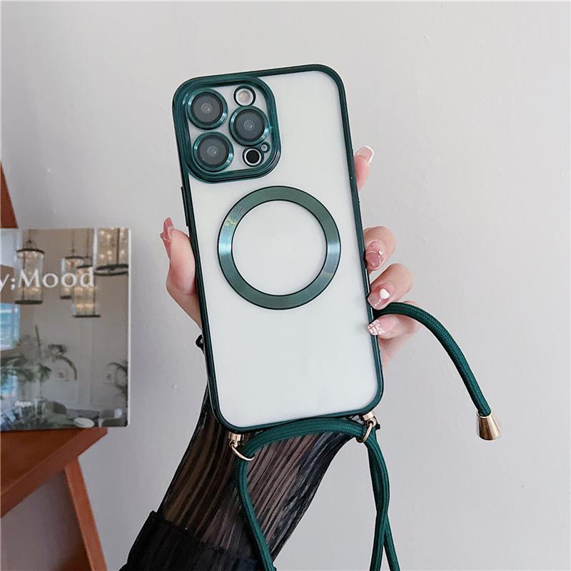 Plating Clear Magnetic For Magsafe Wireless Charging Cases For iPhone 16 15 14 11 12 13 Pro Max Crossbody Lanyard Necklace Cover