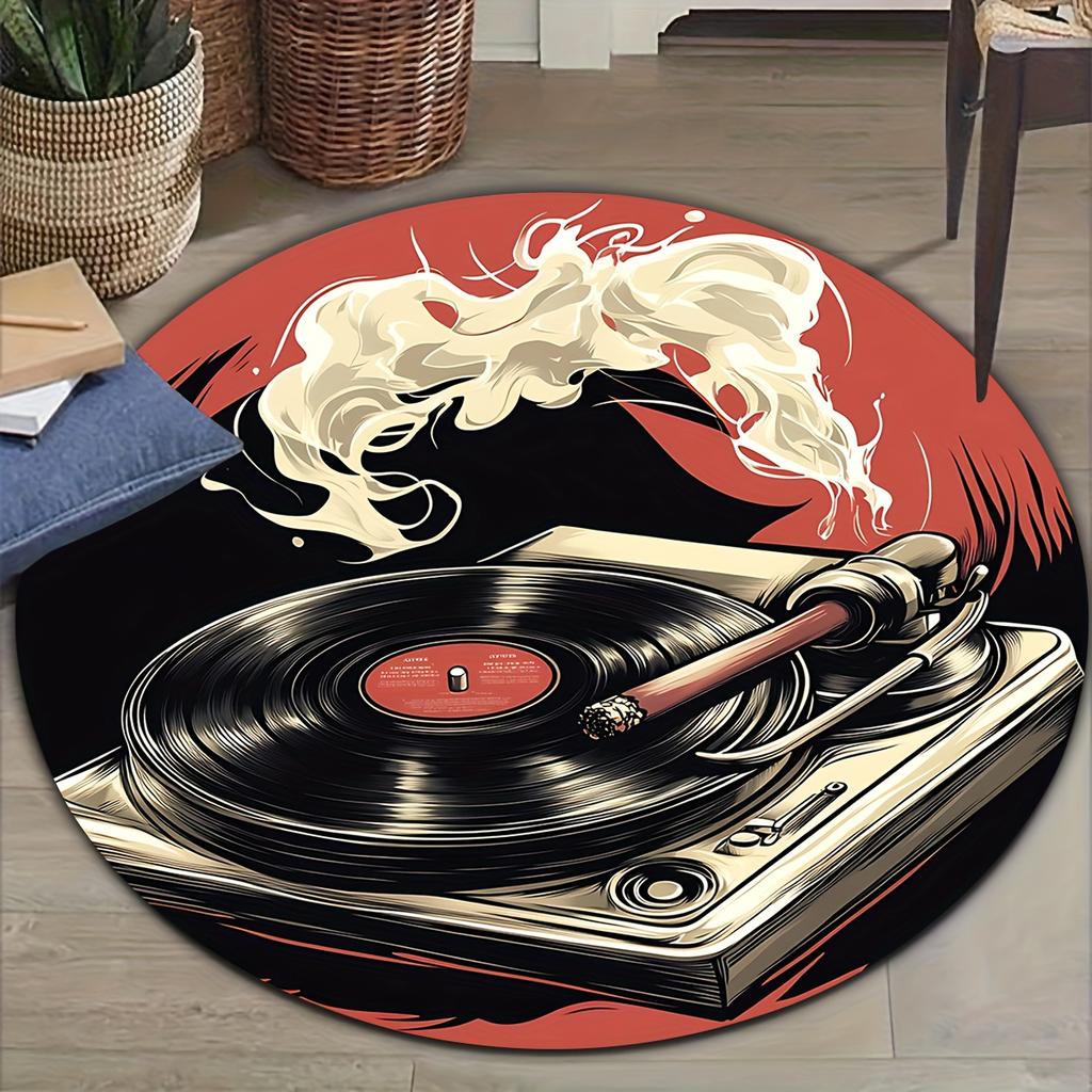 Schallplattenspieler Runder Teppich Flanell Bedruckter Teppich Musik Thema Heimdekoration Gemütliche Weiche Fußmatte Wohnzimmer Innenbereich