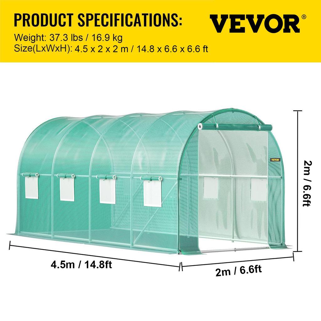 VEVOR Walk-in Tunnel Greenhouse, 4.5 X 2 X 2 M /15 X 7 X 7 Ft Portable Plant Hot House W/ Galvanized Steel Hoops, 1 Top Beam, 2 Diagonal Poles