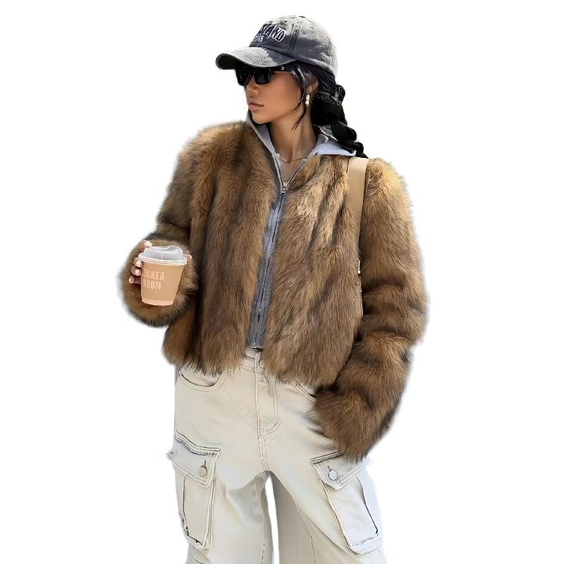 Brown Faux Fur Jacket Women's Autumn Winter New Light Luxurious Top Loog Sleeves Fashion Short Jacket