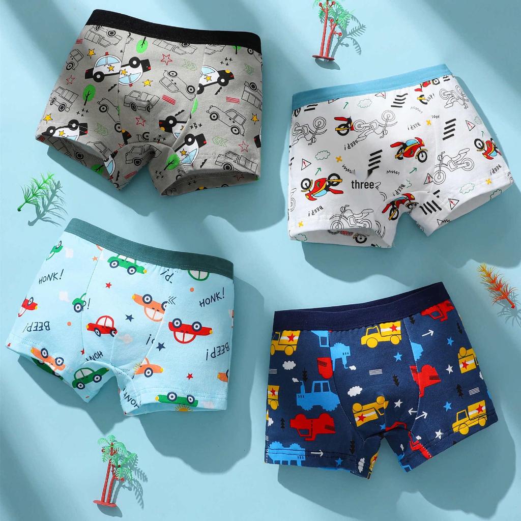 Four-Pack Boys' Pure Cotton Boxer Briefs: Small, Medium, Large Cartoon Underwear