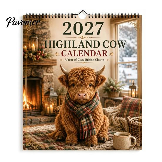 Plannificateur Mensuel Papier Épais 2027 Calendrier Saisonnier Vache des Highlands, Bureau 12 Mois avec Joli Art, Accrochage Mural Décoratif Organiseur Quotidien pour Bureau à Domicile,