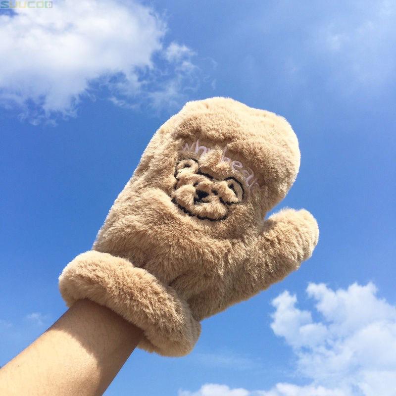Cute Little Bear Fleece Gloves Women Winter Warm Plush Furry Full Finger Gloves Windproof Hanging Neck Mittens For Girls