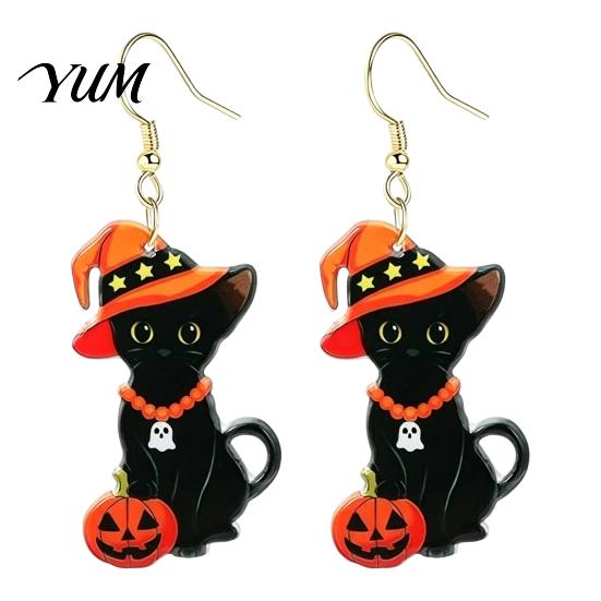 Halloween Earrings for Women 1 Pair Black Cat Acrylic Women, Cute Lightweight Decor with Wizard Hat And Pumpkin Dangle Jewelry Party Costume Creative