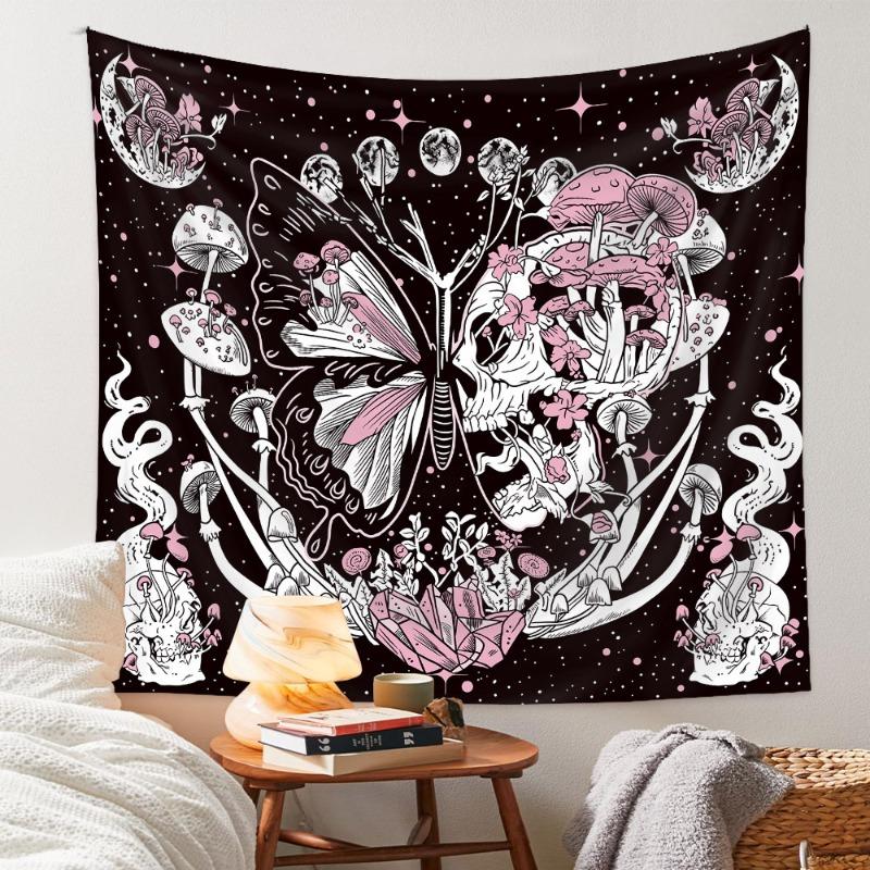 Bohemian Tapestry Wall Hanging with Skull Mushroom Design Ins Style Decorative Fabric for Bedroom Living Room Dorm Background