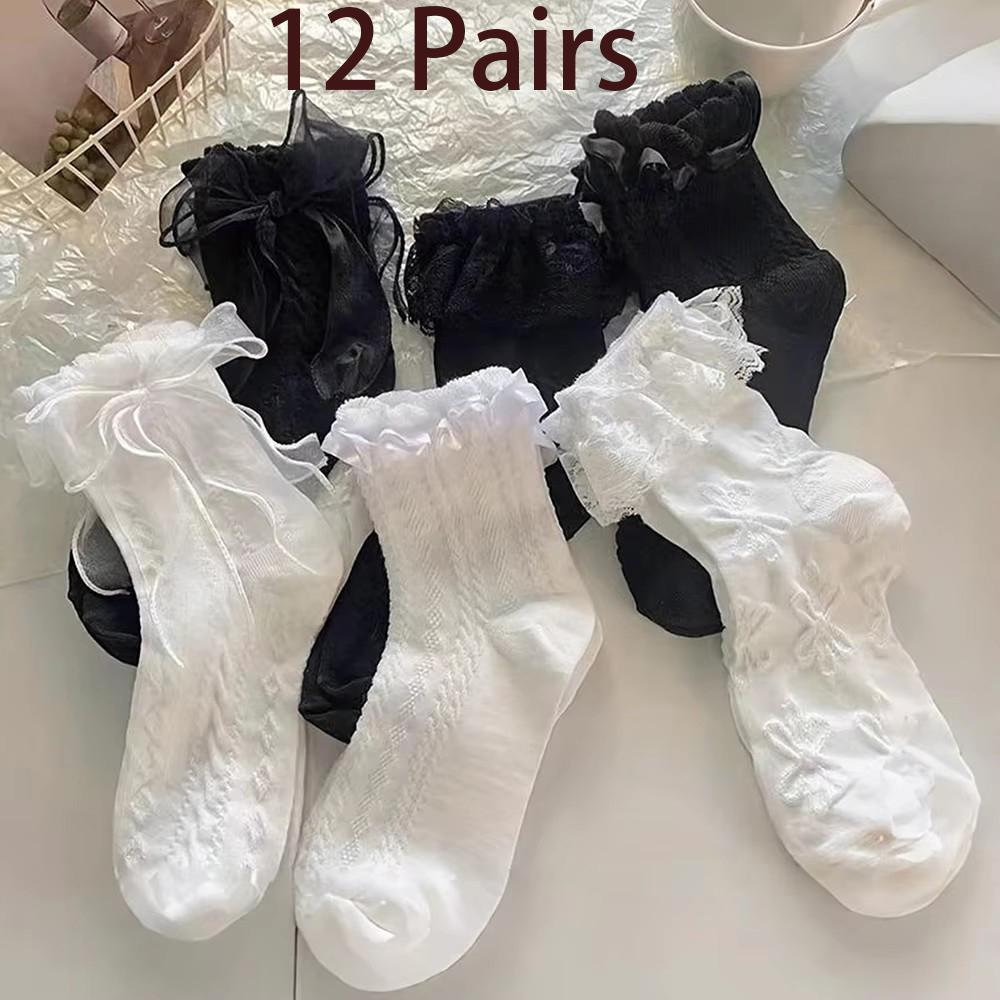 6 Paar Damessokken Effen Zwart Wit Lolita Kant Ruche Sokken Zomer Dun Japanse Stijl Kawaii Zoete Meisjes Korte Sokken