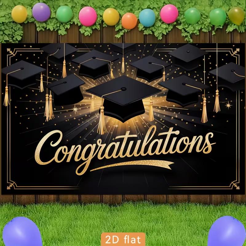 2D Graduation Photography Backdrop Black Background with Gold Caps and Confetti