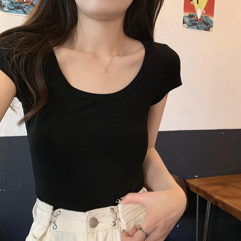 Solid Color Casual Versatile Short-sleeved T-shirt Women's Inner Layering Shirt 2024 Summer Slim U-neck Top Ins Trend