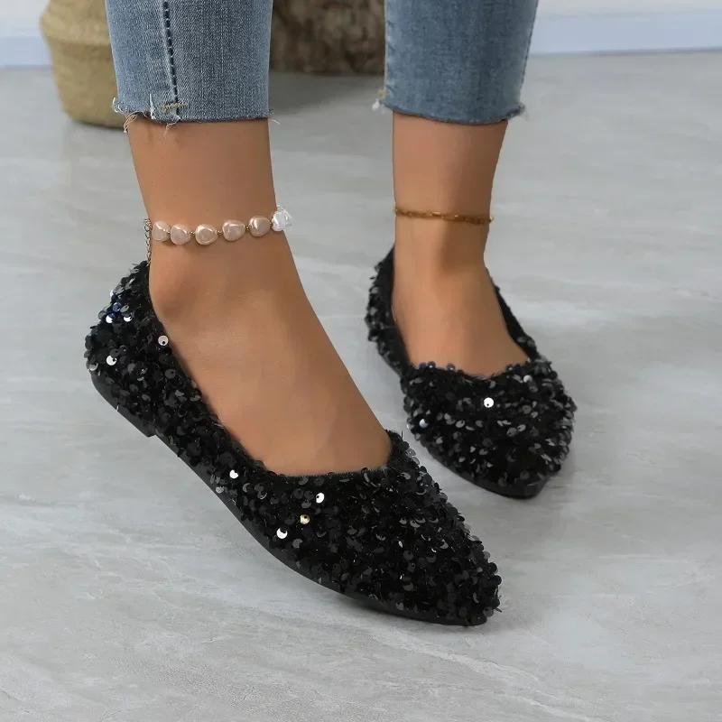 Shoes for Women Hot Sale One Kick Women's Flats Autumn Pointed Toe Sequins Solid Solft Sole Light Casual Comfortable Flats Shoes