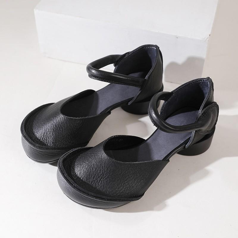 Johnature Genuine Leather Retro Women Sandals Round Toe Handmade Soft Sole Med Heel Comfortable Lady Shoes