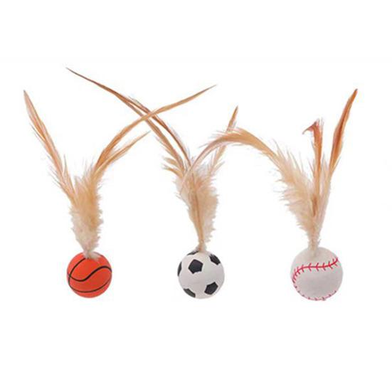 1 Pc/3 Pcs Interactive Feather Ball Toy Mini Bouncy Basketball Soccer Baseball with Feather Pet Training Catcher Toy for Indoor Cats