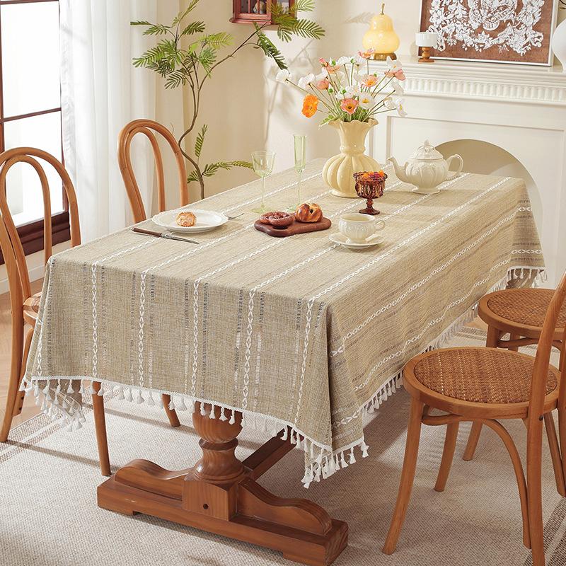 Rectangular Restaurant Decorative Fabric European Striped Jacquard Cotton Linen Table Cloth Hollow Tassel Dust-proof and Stain Proof Tablecloths