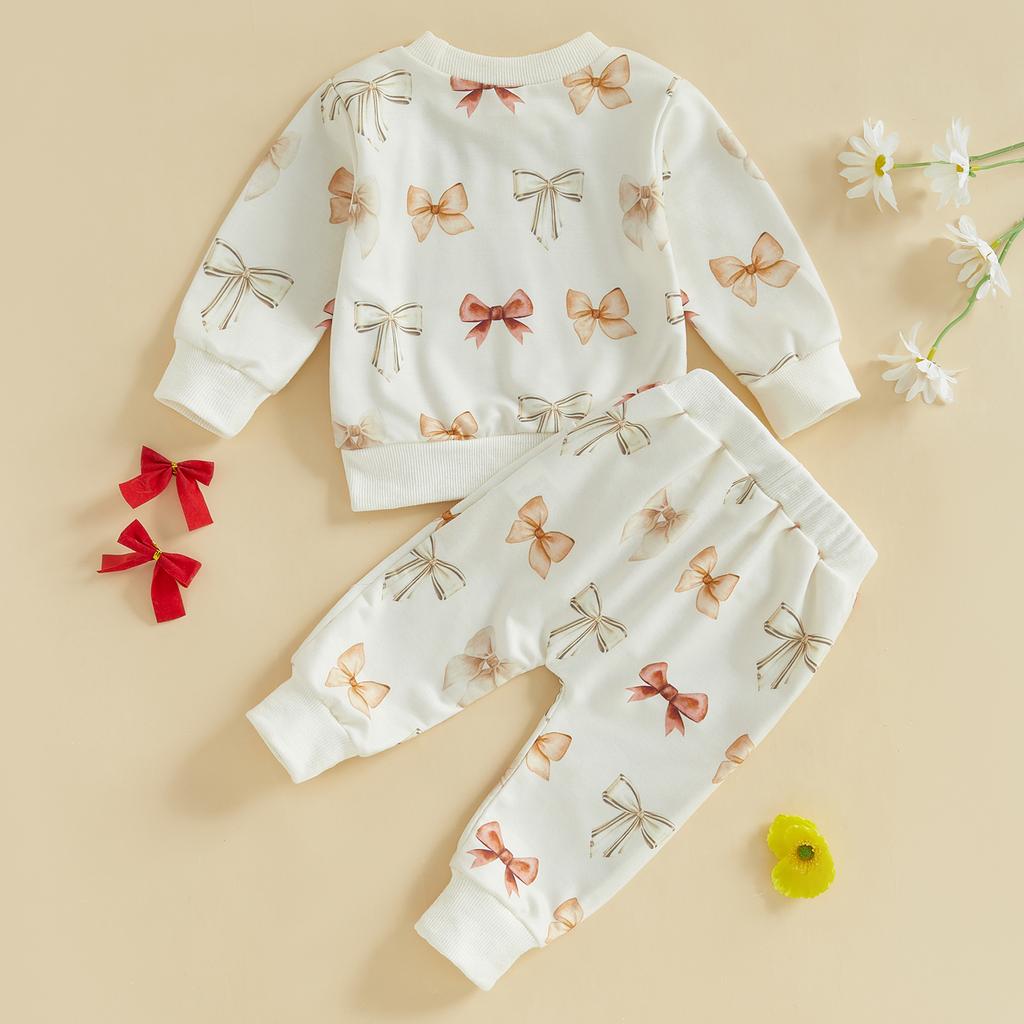 Baby Girls 2-piece Outfit, Bow Print Long Sleeve Crew Neck Sweatshirt with Elastic Waist Sweatpants Fall Clothes