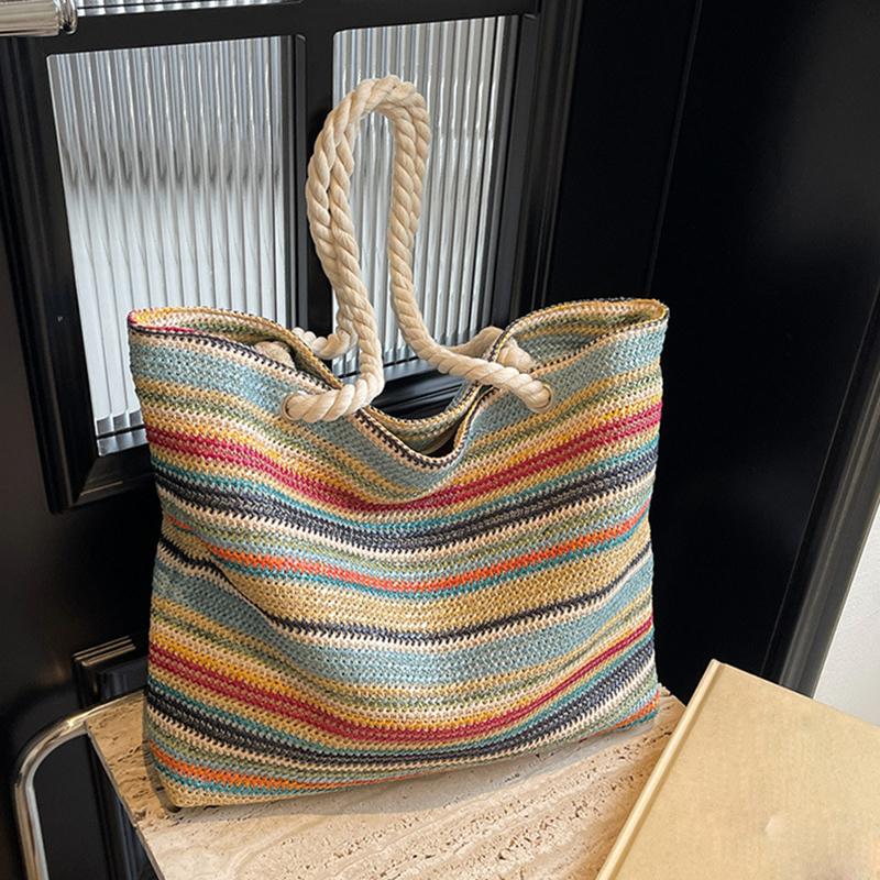 Straw Fabric Woven Design Women Tote Bags Rainbow Color Large Capacity Summer Beach Shoulder Shopper Bag Casual Commute Handbags