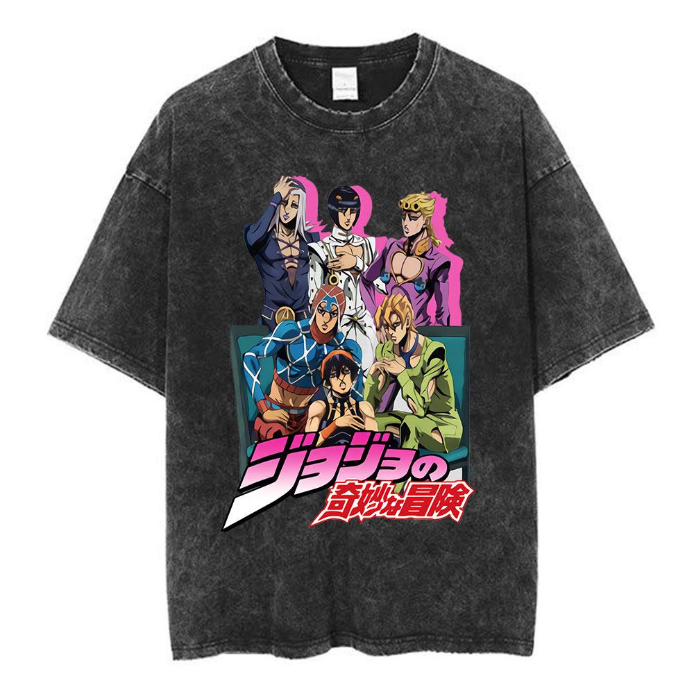 Vintage Washed Anime Jojo Bizarre Adventure T-shirt Giorno Giovanna Manga Graphic T-shirts Men's Clothing Cotton Casual T Shirts
