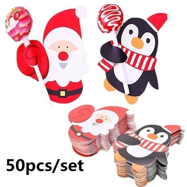 50Pcs/lot Gift Package Decor Cards Lovely Penguin and Santa Claus Christmas Candy and Lollipop Deco