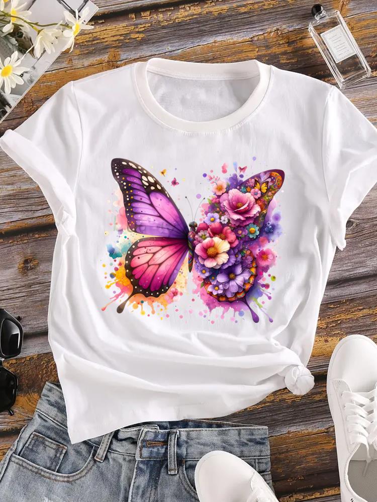 (Asian Size) Female Top Fashion Graphic Short Sleeve T-shirts love heart flower Casual T Shirt Lady Printed Clothing Women Tee