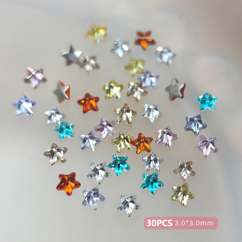 1Box 30Pcs Sparkling Pentagram Zircon Nail Charms Cute Minimalist Flatback Rhinestones 3mm Multi-color Mini Star Gems Nail Parts