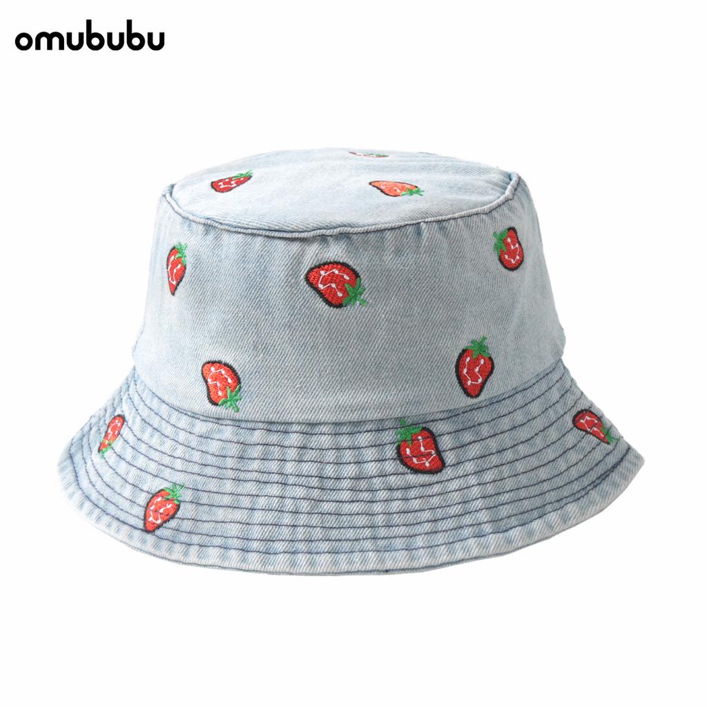 Watermelon Embroidered Denim Bucket Hat Men's Wide Eaves Sunshade Fashionable Versatile Face Small Bucket Hat Girls Sunscreen Hat