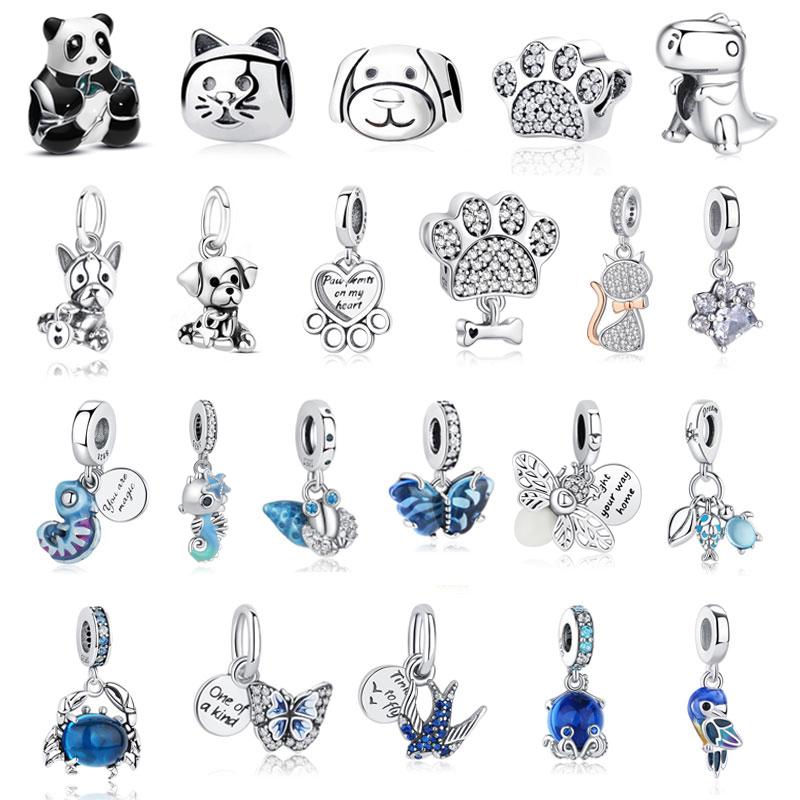 Original 925 Silver Charm Bead Love Dog Cat Paw Panda Firefly Pendant Charms Fit Bracelets Necklaces Women Jewelry