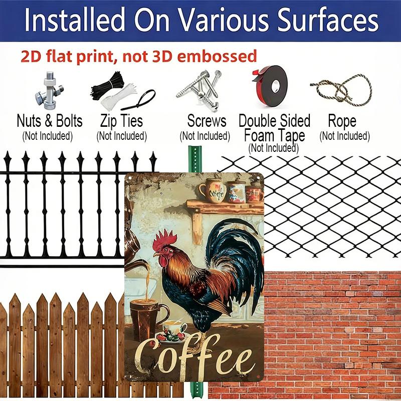 2D Flat, Vintage Rooster & Coffee Sign - 8x12 Inch, Weather-Resistant Aluminum Wall Decor with "Coffee" Text, Rustic Farmhouse Style for Kitchens