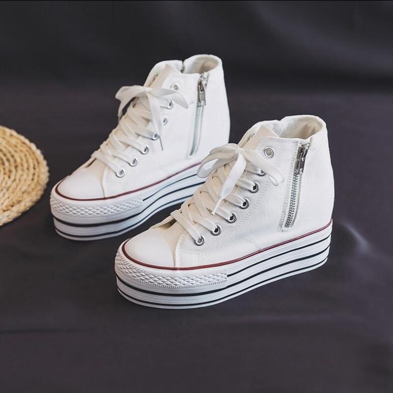 Women'S Canvas Flat Shoes New Spring/Autumn Double-Sided Zipper Board Shoes Korean Style Versatile Thick Sole Sneakers