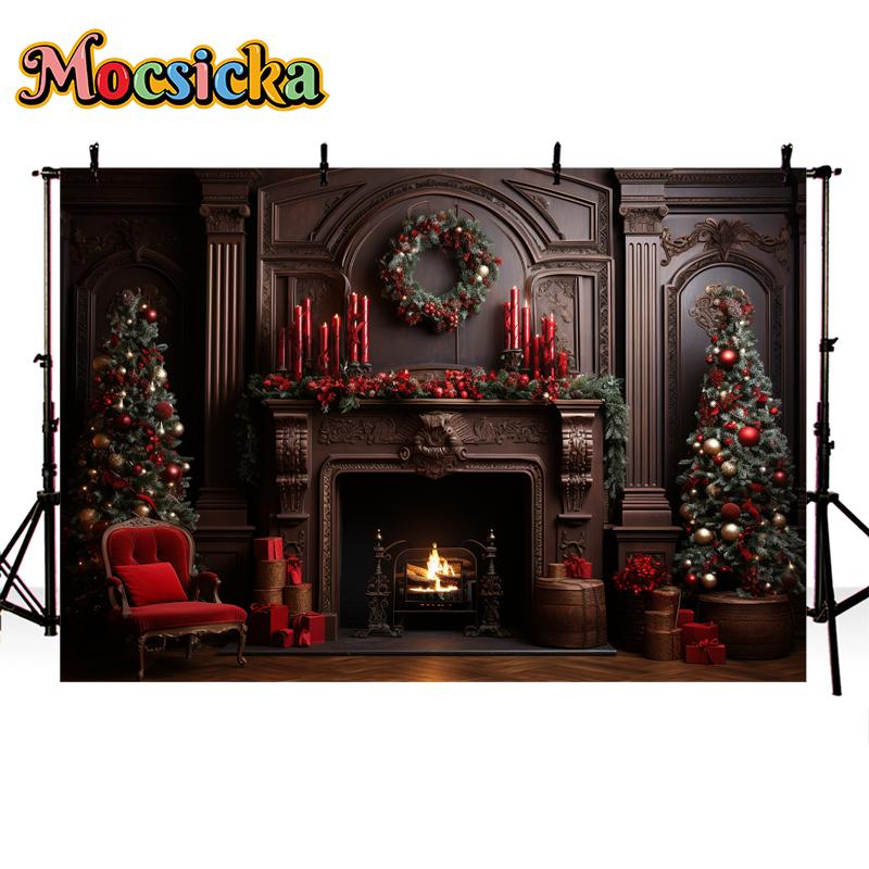 Mocsicka Christmas Photography Background Xmas Tree Fireplace Wall Decors Family Baby Children Portrait Photo Backdrop Wallpaper