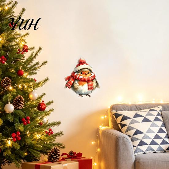 Bird Wall Decorations for Bedroom Christmas Sticker, Cute Watercolor Decals with Wreath/Scarf/Hat/Ear Warmer, PVC Waterproof Self Adhesive Stickers