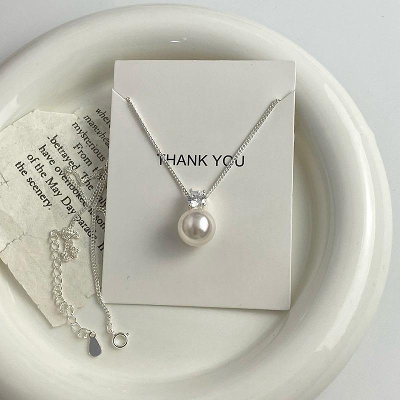 Classic Elegant Silver Single Shiny Zircon Round Grey White Pearl Pendant Necklaces for Women Collarbone Chain Jewelry