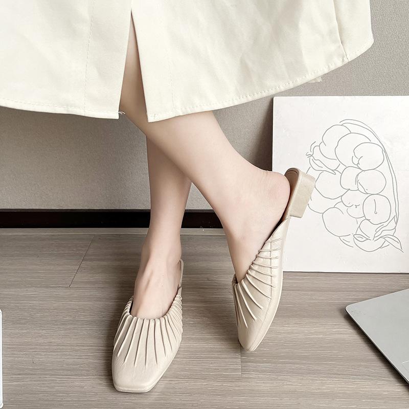 Summer Thin Heels Pointed Toe Med Female Shoes Ladies' Slippers Low Shallow Mules for Women Slides
