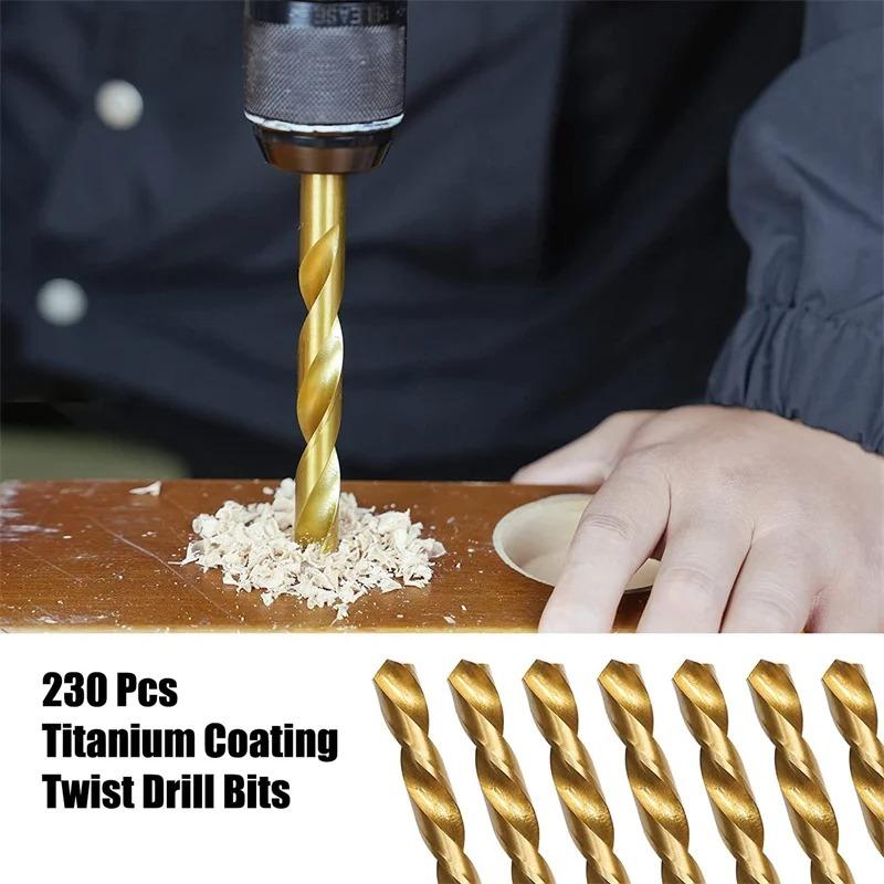 230-teiliges Spiralbohrer-Set mit Titanbeschichtung und Koffer, 135°-Spitze, metrische Bohrergrößen von 1,0–10 mm für die Holzbearbeitung von Kunststofflöchern