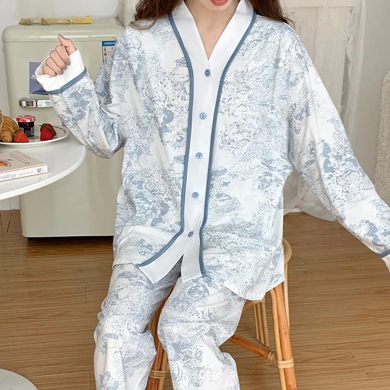 Autumn Spring Blue Jungle Print Elegant Woman Pajamas Set Fashion Kimono Cardigan Sleepwear Faux Cotton Long Sleeves Pijamas