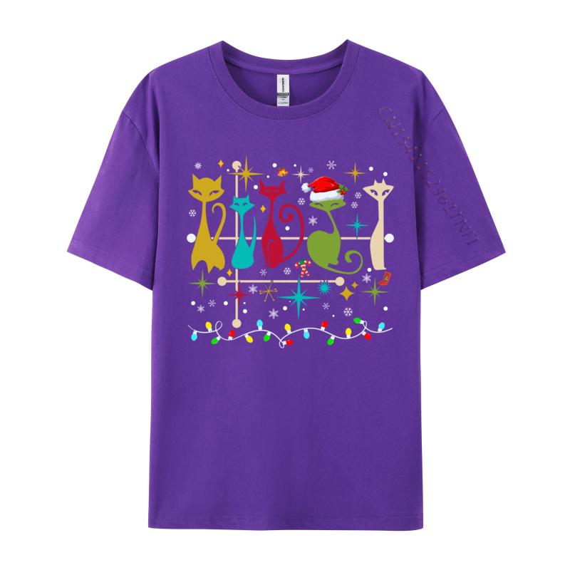 Mid Century Modern Look Cats Christmas Retro 50s 60s Xmas TShirt Casual Short Sleeve All Cotton Round Collar Unisex TShirt
