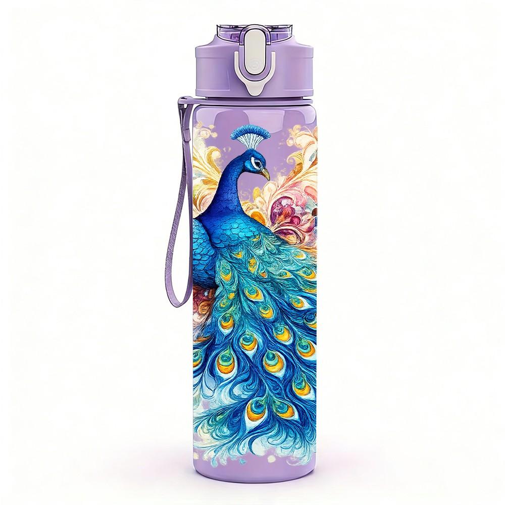 1PC Peacock Bird Color Feather Print 750ml Color Plastic Sports Water Bottle Leakproof Flip Straw Lid Suitable for Sports Office Home Use