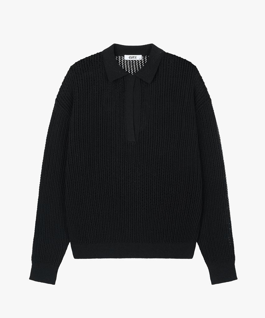 CUTZ Mesh Boucle Open Collar Pullover (Black)
