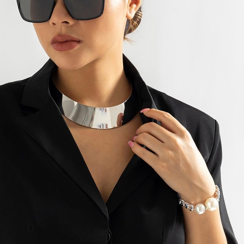 Collana da Donna Stile Punk Hiphop Torques in Filo Metallico Esagerato Choker Catena Larga Liscia Gioiello per il Collo Oro/Argento