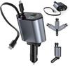 Retractable Car Charger 4 In 1 Fast Charging Car Charger 120W Retractable Cable and 2 USB Ports Car Charger Adapter Compatible