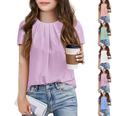 Tricou cu mânecă scurtă pentru copii, de culoare uni, pentru fete, cu top din șifon cu mâneci bufante