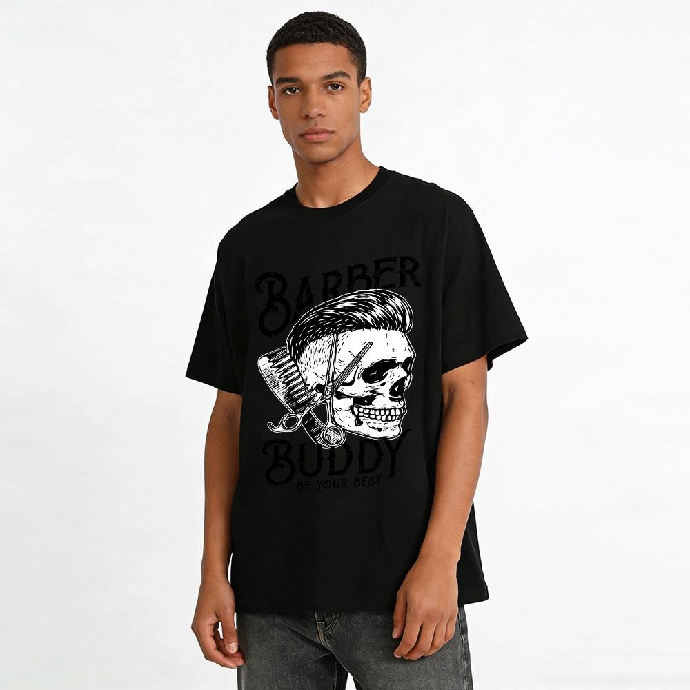 Vintage Pompadour Skull Barber Graphic Tee Cool Barber Culture Short Sleeve Pure cotton T-shirt