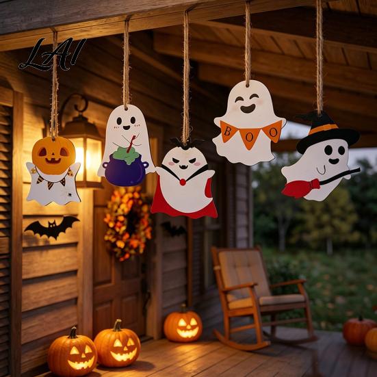 Wooden Halloween Signs Ghost Hanging Sign with Hemp Rope Cute Holiday Wall Art Pendants for Home Party Decorations