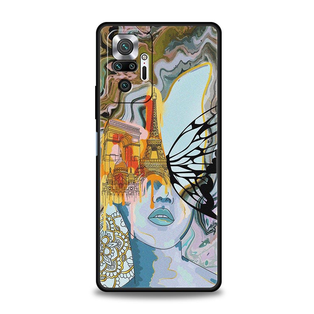 Soft TPU Phone Case For Xiaomi Redmi Note 10 11 9 8 Pro 9S 7 8T 9T 9A 8A 9C K50 K40 Gaming Cover Marble Parisian Girl Art Flower
